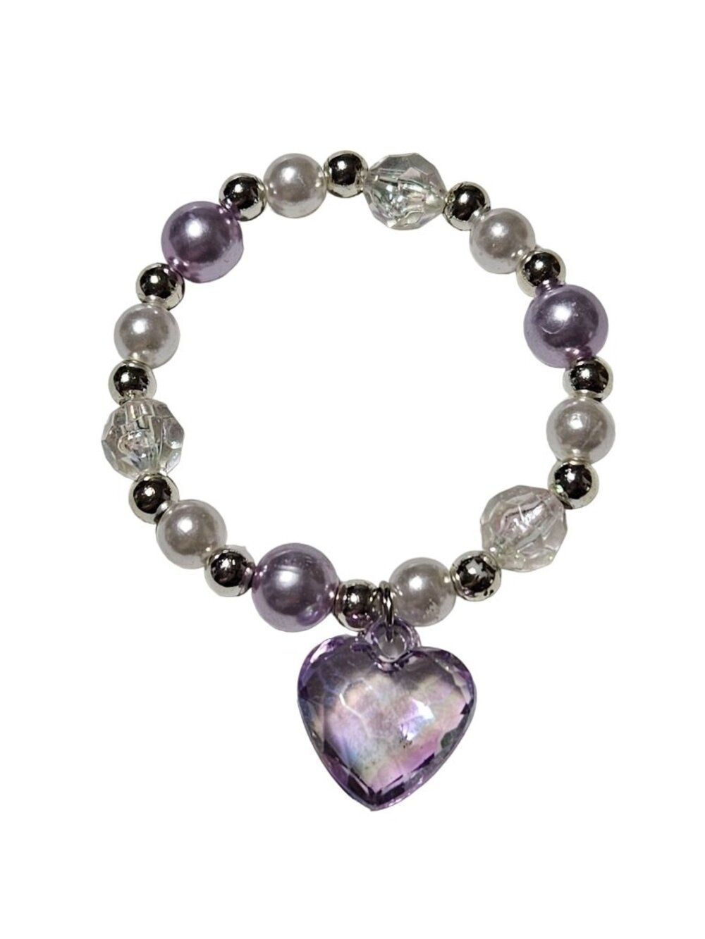 Y2K Beaded Bracelet Purple Heart Charm Faux Pearl Crystal Stretch Coquette Women